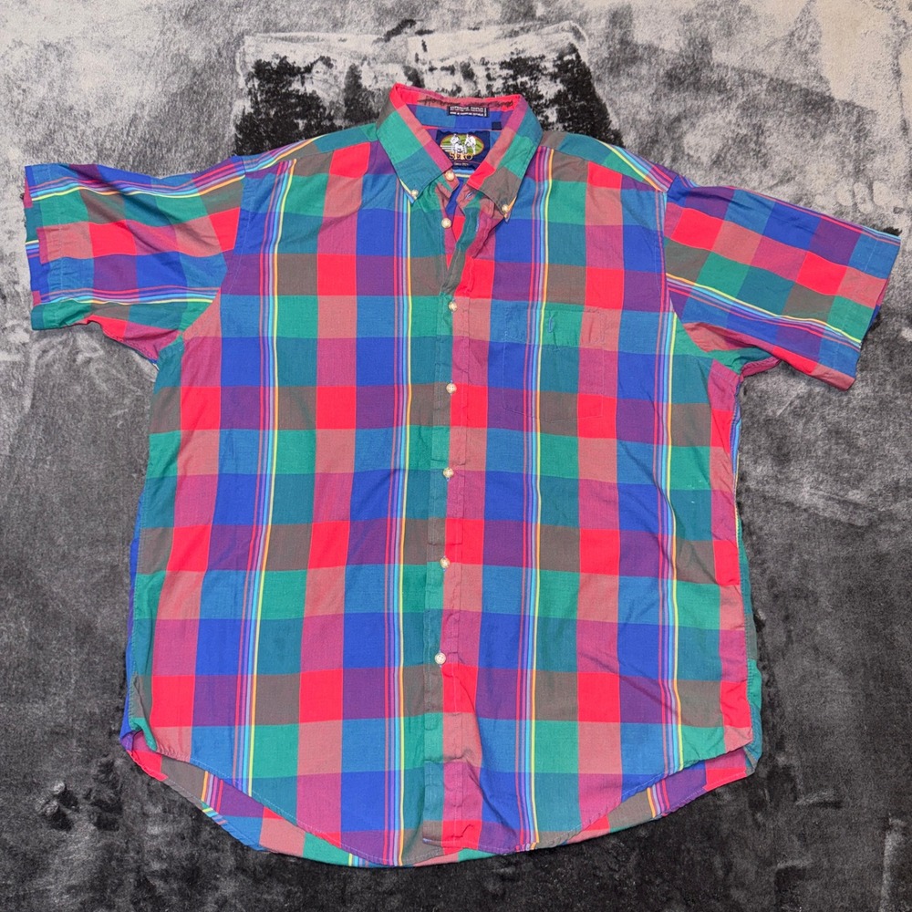 Sero Mens XL Short Sleeve Button Down Shirt Plaid Superfine Poplin Multi Color